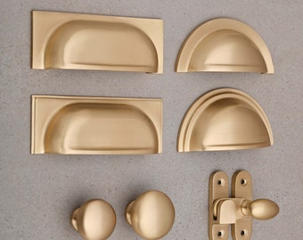 Brushed Satin Brass Cupboard Handles - Kitchen Knobs Cup Pulls Shaker Style English Solid Cast Brass Handles Quality British