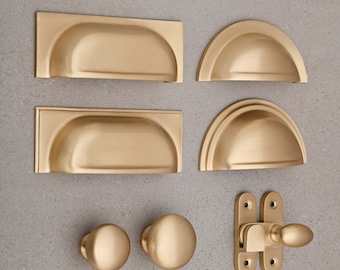 Brushed Satin Brass Cupboard Handles - Kitchen Knobs Cup Pulls Shaker Style English Solid Cast Brass Handles Quality British