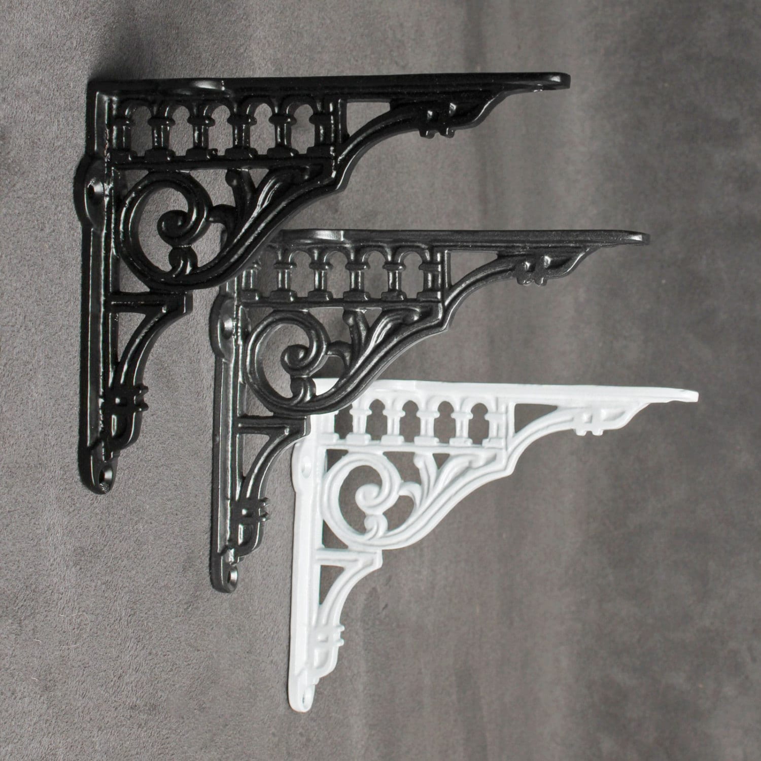 5" PAIR ANTIQUE COPPER VICTORIAN SCROLL cast iron ornate shelf support brackets 