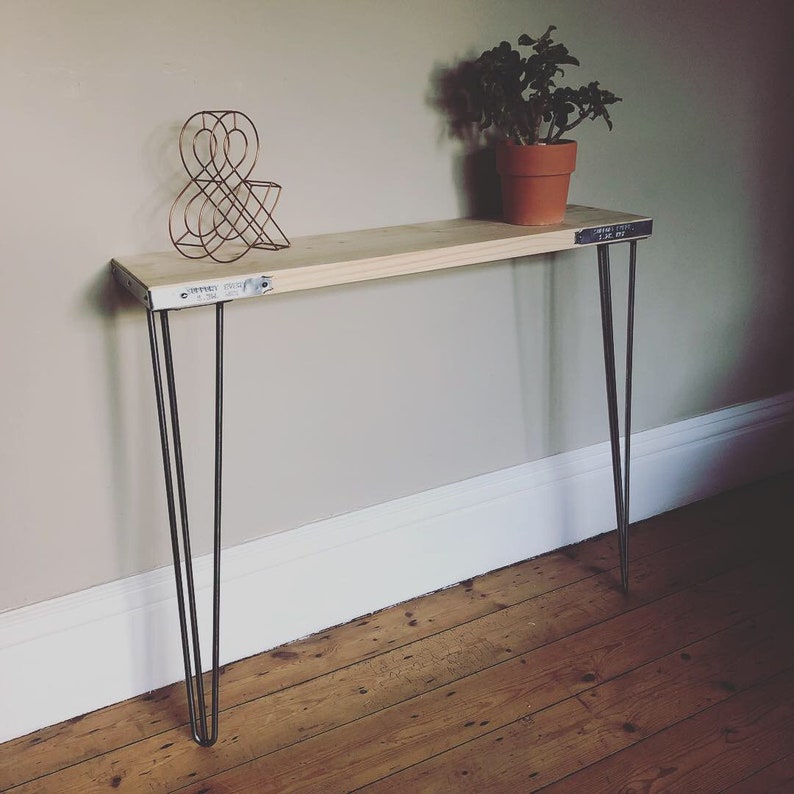 8 5 Scaffold Side Console Table Steel Hairpin Legs Narrow Slim Rustic Wooden Style 1940s 1950s Minimal Scandi Hallway Shelf Uk Made