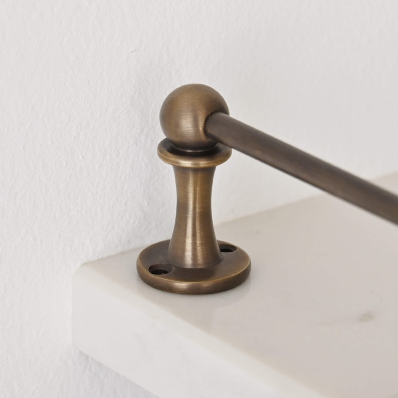 Aged Brass Gallery Fiddle Tipping Rail with Marble Shelf and Brass Shelf Brackets
