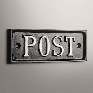 Post Sign - Old Antique Style Wall Post Plaque Solid Cast Metal - Black - Post Box Sign