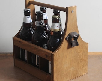 6 x Bottle Beer Carrier Holder + Cast Iron Bottle Opener - 5th/6th Anniversary Christmas Man Dad Men Fathers Day Best Man Cave Barware Gift