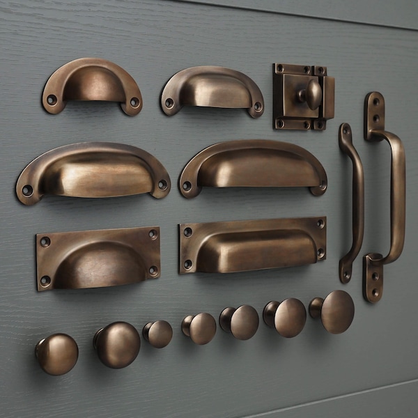 Aged Brass Cabinet Handles & Knobs | Solid Kitchen Cupboard Pulls English Shaker