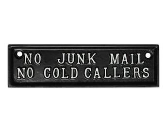 Vintage No Junk Mail No Cold Callers Sign - Old Antique Style Front Door Sign Plaque Solid Cast Metal - Black ~ DOOR-24