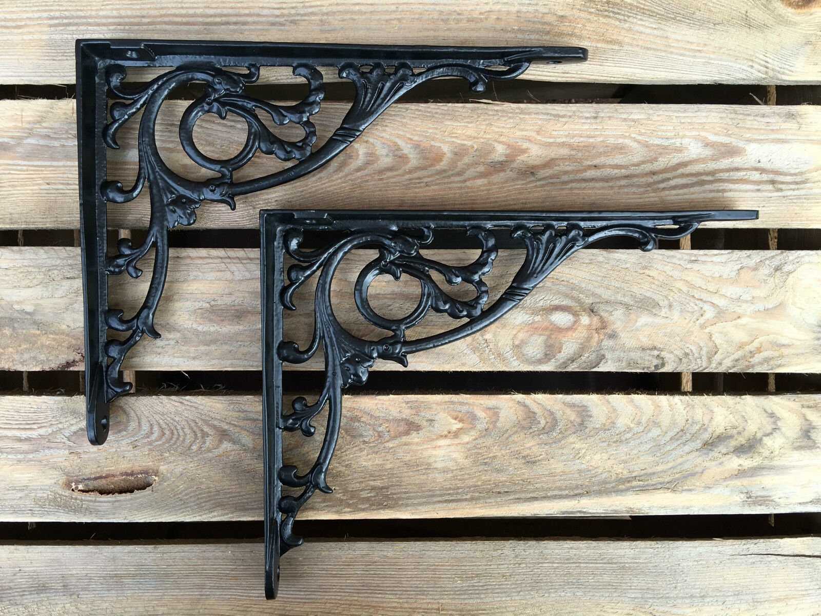Pair black 10x8" antique heavy cast iron victorian shelf wall brackets