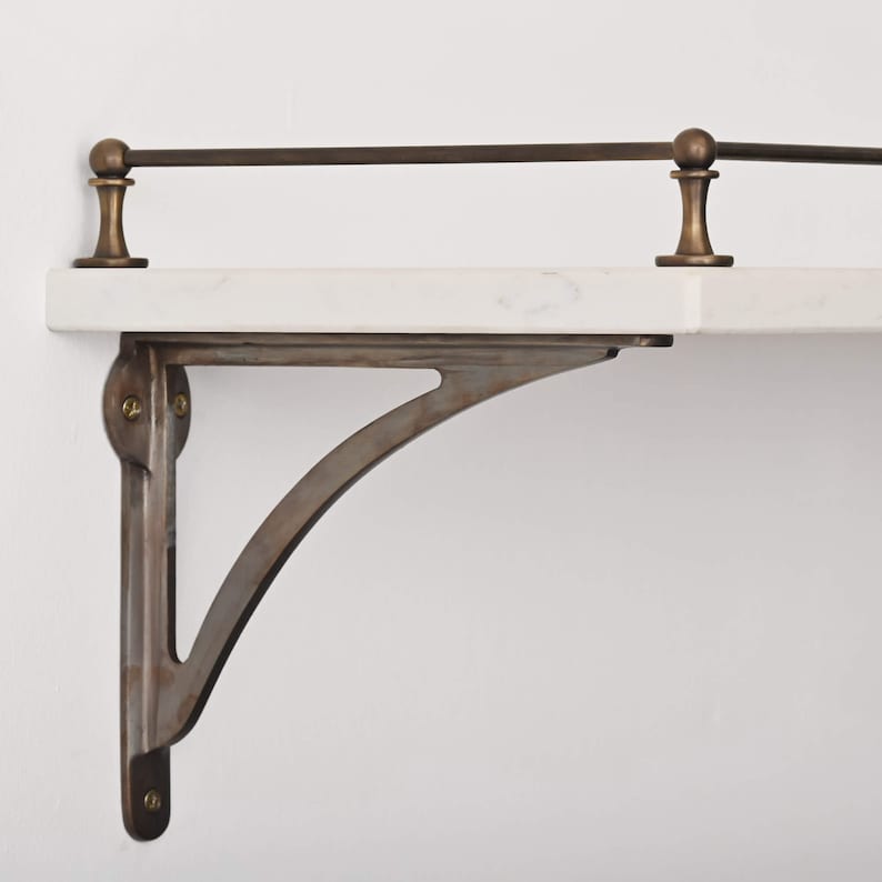 Aged Brass Gallery Fiddle Tipping Rail with Marble Shelf and Brass Shelf Brackets