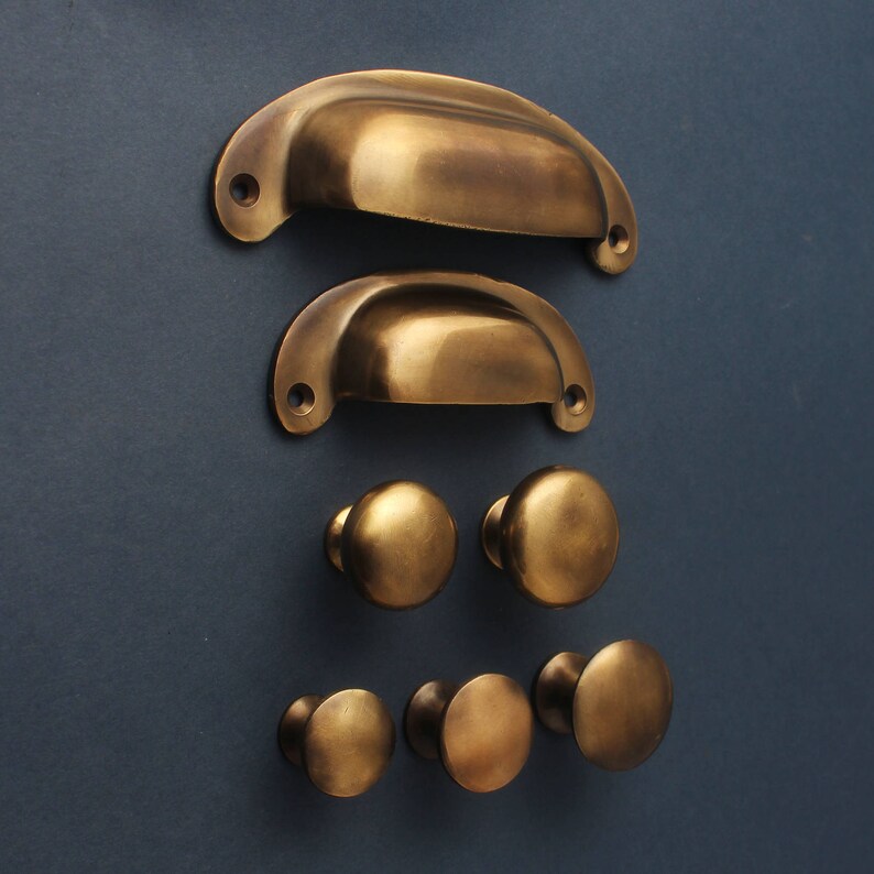 Aged Brass Kitchen Handles Drawer Cup Pulls Knobs Antique Image 0