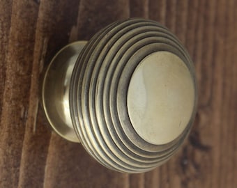 Aged Brass Beehive Cabinet Knob | Old Antique Victorian Reeded Heavy Solid Brass Knobs Kitchen Dresser Cupboard  - Cast Brass