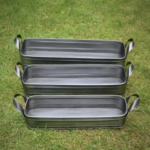 Set of 3 oblong metal planters with handles | herbs plants indoor outdoor long planters window kitchen