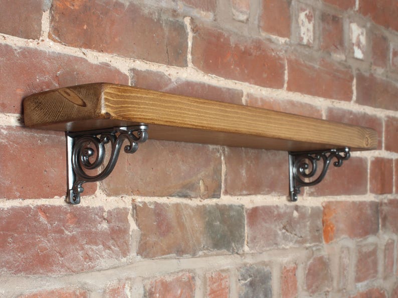 Small Rustic Shelf Boards + Cast Iron Brackets - Chunky Wooden Scaffold Shelves Shelving Kitchen Bathroom Radiator UK Made To Order - SB-04 
