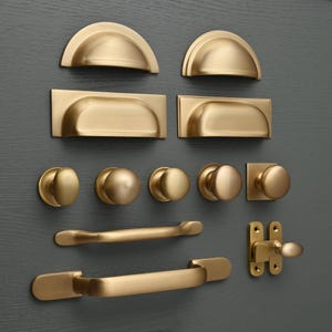 Brushed Satin Brass Cupboard Handles - Gold Kitchen Knobs Cup Pulls Shaker Style English Solid Cast Brass Handles Quality British