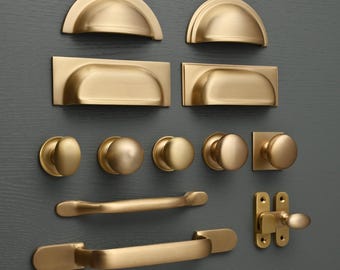 Brushed Satin Brass Cupboard Handles - Gold Kitchen Knobs Cup Pulls Shaker Style English Solid Cast Brass Handles Quality British