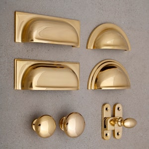 Polished Brass Cupboard Handles & Knobs - Kitchen Knobs Cup Pulls Shaker Style English Solid Cast Brass Handles Quality British