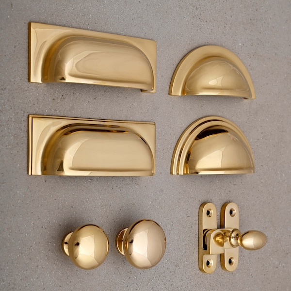 Polished Brass Cupboard Handles & Knobs - Kitchen Knobs Cup Pulls Shaker Style English Solid Cast Brass Handles Quality British