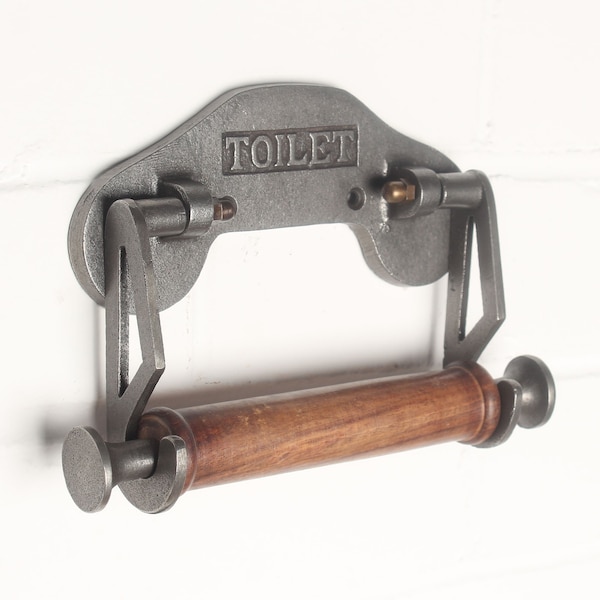 Foundry Cast Iron Toilet Roll Holder - Old Heavy Vintage Style Toilet Roll Fixture Holder Bathroom Rustic Wooden Factory Style