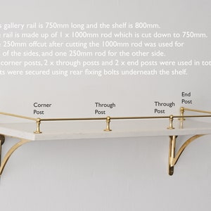 Aged Brass Gallery Fiddle Tipping Rail with Marble Shelf and Brass Shelf Brackets