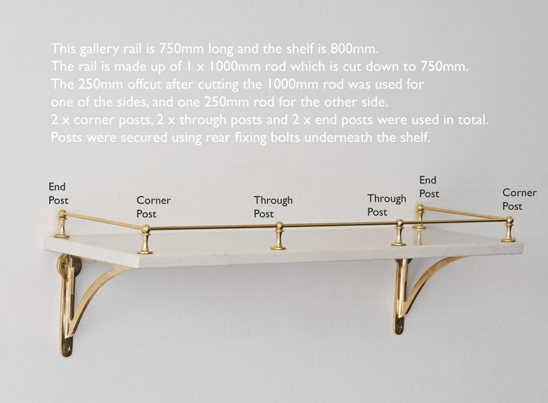 Aged Brass Gallery Fiddle Tipping Rail with Marble Shelf and Brass Shelf Brackets