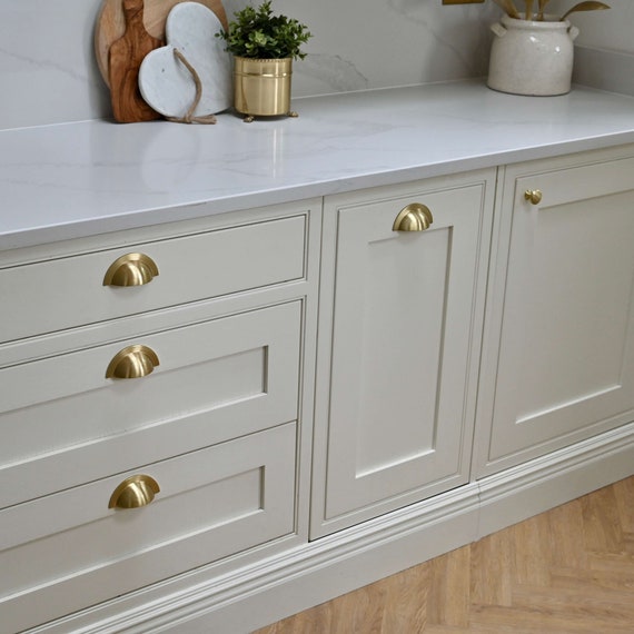 Brushed Brass Cupboard Handles & Knobs Kitchen Minimal Cabinets Door Cup  Pulls Drawer Shaker Minimal Shaker Style Gold Cup Pull Bin 