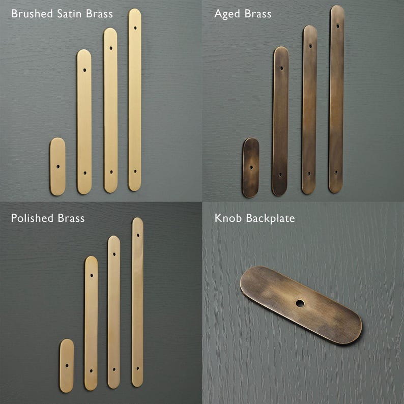 Puede incluir: Cuatro acabados diferentes de tiradores de cajones de lat&oacute;n, incluyendo lat&oacute;n satinado cepillado, lat&oacute;n envejecido, lat&oacute;n pulido y una placa posterior de pomo. Los tiradores son todos de forma rectangular y tienen un dise&ntilde;o sencillo.