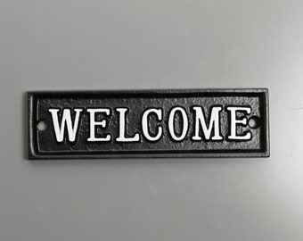 Welcome Front Door Sign - Old Antique Style Wall Welcome Plaque Solid Cast Metal - Black - Post Box Sign