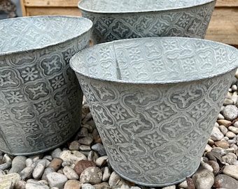 Set of 3 Moroccan Metal Pots Planters - Grey Garden Outdoor Metal Planters Vintage Old English Period Traditional Victorian Metal Planters