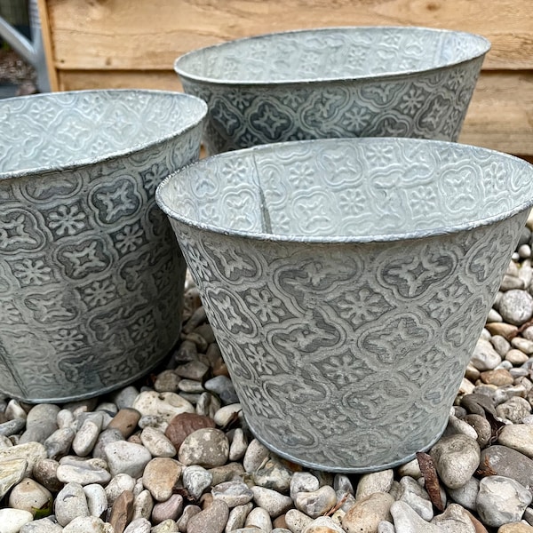 Set of 3 Moroccan Metal Pots Planters - Grey Garden Outdoor Metal Planters Vintage Old English Period Traditional Victorian Metal Planters