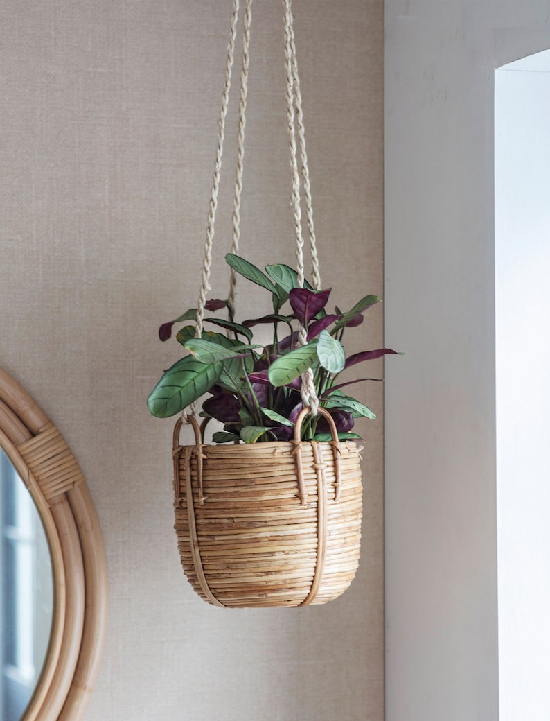 Pots de plantes suspendus Corde de plantes d'intérieur en jute suspendue au plafond de la cuisine de la chambre à coucher de la salle de bain Jardinières naturelles d'herbes aromatiques Rattan