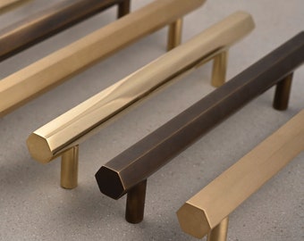 Solid Brass Hexagonal Pull Handles & Knobs | Kitchen Cabinet Cupboard Handles Modern Polished Aged Satin Brass Finishes Heavy Quality