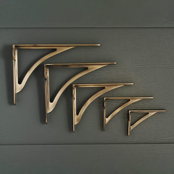 Ironbridge Aged Brushed Brass Shelf Brackets | Shaker Style English UK Solid Shelving Antique Brass | 4.5/6/7/8/10"