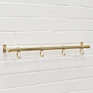 Polished Brass Kitchen Hook Rail - Pot Pan Utensil Rail Solid Brass Heavy Duty Rail Hooks