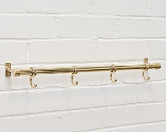 Polished Brass Kitchen Hook Rail - Pot Pan Utensil Rail Solid Brass Heavy Duty Rail Hooks