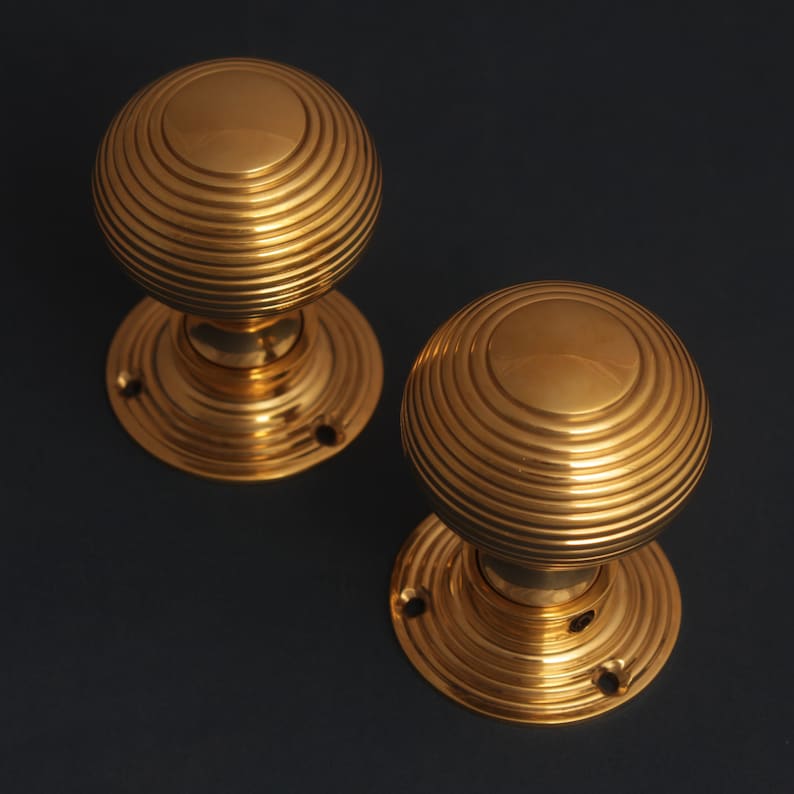 Set of 2 Brass Beehive Door Knob Handles 50mm Antique Old Period Traditional Style Brass & Mortice Rim Lock Handles Quality Sold as Pair image 5