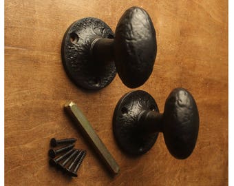 Black Iron Door Knob Handles Antique Cottage Rustic Farmyard Style - Old Kirkpatrick Quality Heavy Twist Door Mortice Knobs Pair of - 7129