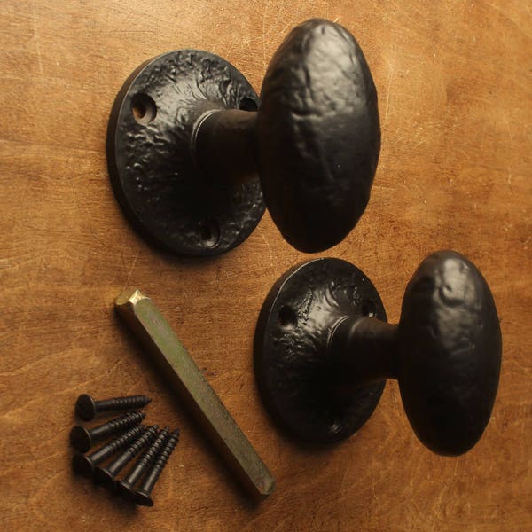 Black Iron Door Knob Handles Antique Cottage Rustic Farmyard Style - Old Kirkpatrick Quality Heavy Twist Door Mortice Knobs Pair of - 7129