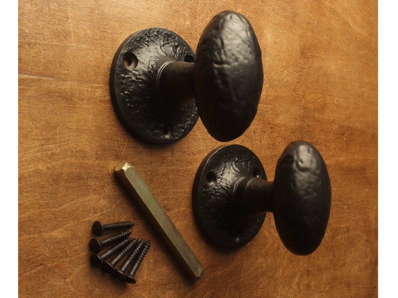 Black Iron Door Knob Handles Antique Cottage Rustic Farmyard Style - Old Kirkpatrick Quality Heavy Twist Door Mortice Knobs Pair of - 7129
