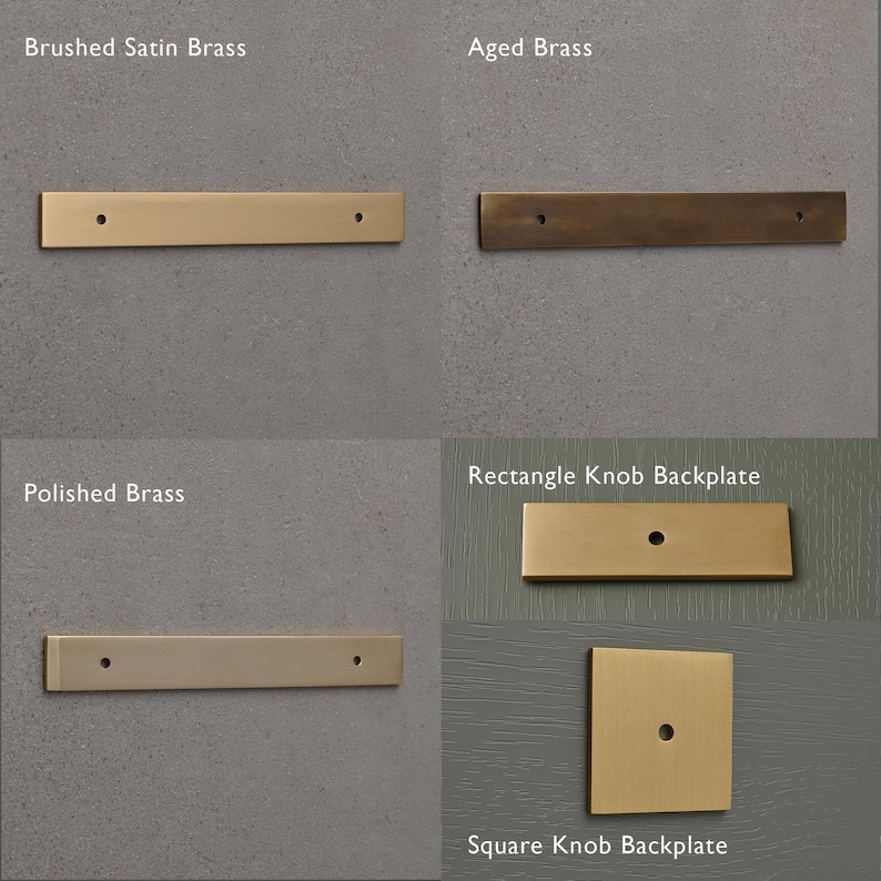 Puede incluir: Cuatro acabados diferentes de placas traseras de lat&oacute;n para pomos de armario. Lat&oacute;n satinado cepillado, lat&oacute;n envejecido, lat&oacute;n pulido y placa trasera de pomo rectangular.