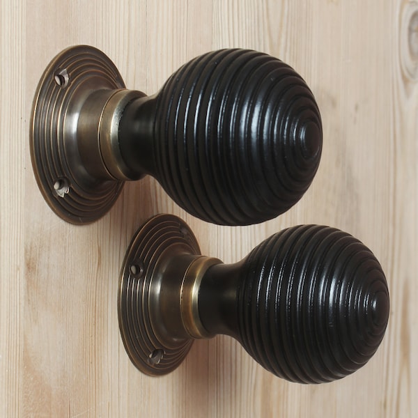 Set of Victorian Beehive/Classic Rosewood/Black Door Knob Handles Antique Old Style Brass & Mortice Rim Lock Handles Quality  - Sold as Pair