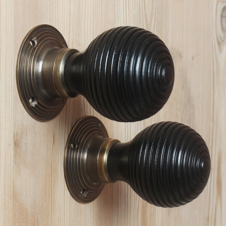 Set of Victorian Beehive\/Classic Rosewood\/Black Door Knob Handles Antique Old Style Brass & Mortice Rim Lock Handles Quality  - Sold as Pair