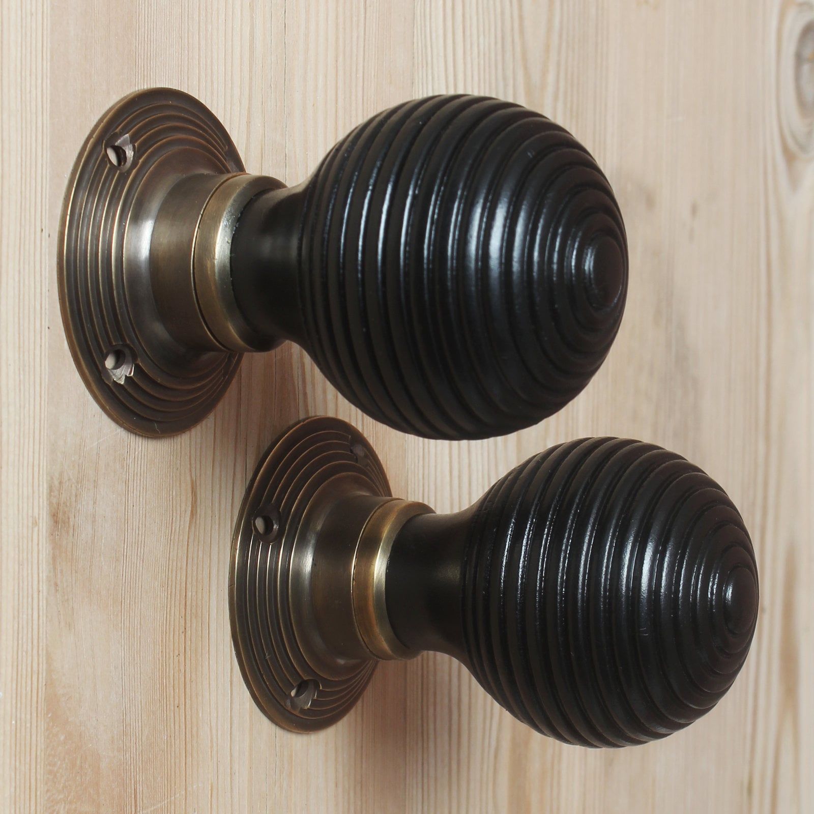 Set of Victorian Beehive/classic Rosewood/black Door Knob Handles Antique  Old Style Brass & Mortice Rim Lock Handles Quality Sold as Pair 