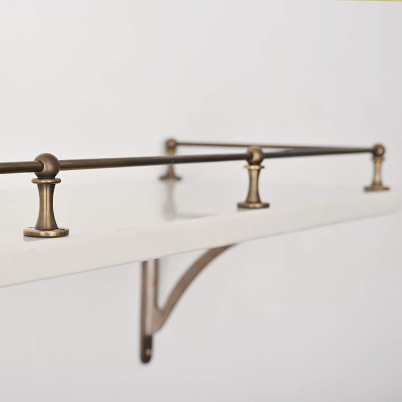 Aged Brass Gallery Fiddle Tipping Rail with Marble Shelf and Brass Shelf Brackets