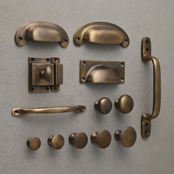 Aged Brass Handles & Knobs | Cabinet Cupboard Kitchen Pulls Cup Door Drawer English Shaker Old Cottage Solid Heavy Minimal UK Quality