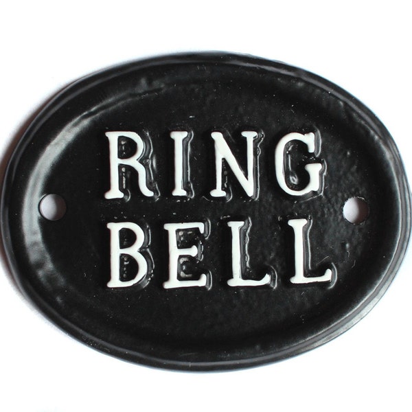Vintage  Ring Bell Front Door Sign - Old Antique Style Sign Plaque Solid Cast Metal British UK Made