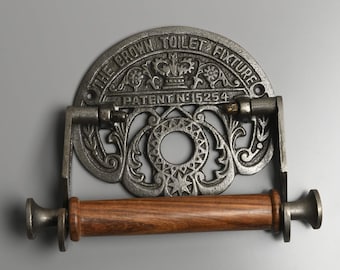 Crown Railway Cast Iron Toilet Roll Holder - Old Heavy Vintage Style Toilet Roll Fixture Holder Bathroom Rustic Wooden Factory Style