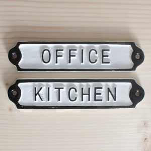 Kitchen / Office Sign | White & Black Room Door Signs Shabby Chic Railway Cast Iron Style Embossed Cast Metal Signs