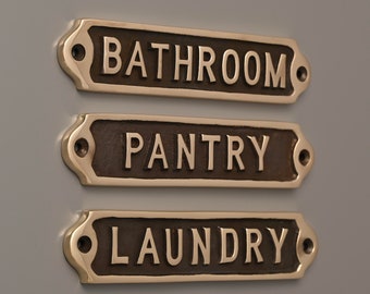 Solid Brass Door Signs - Bathroom, Pantry, Laundry, Toilet Vintage Antique Victorian Cast Brass Metal Embossed Loo Bathroom Signs Old Style