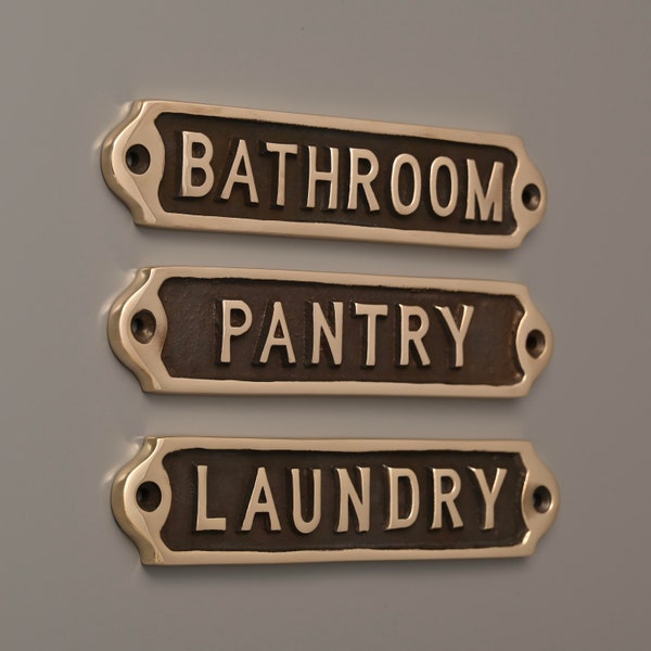 Solid Brass Door Signs - Bathroom Pantry Laundry Toilet Vintage Antique Victorian Cast Brass Metal Embossed Loo Bathroom Plaques Old Style