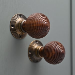 Set of Victorian Beehive/Classic Rosewood/Black Door Knob Handles Antique Old Style Brass & Mortice Rim Lock Handles Quality  - Sold as Pair
