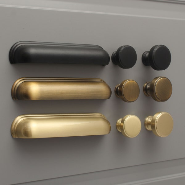 Brass Cupboard & Drawer Handles Knobs | Kitchen Shaker Minimal Cup Pulls Antique Brass Brushed Satin Nickel - | QUALITY MADE