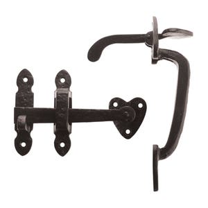 May include: Black metal heart-shaped door latch with a lever handle. The latch is designed to be mounted on a door or gate.